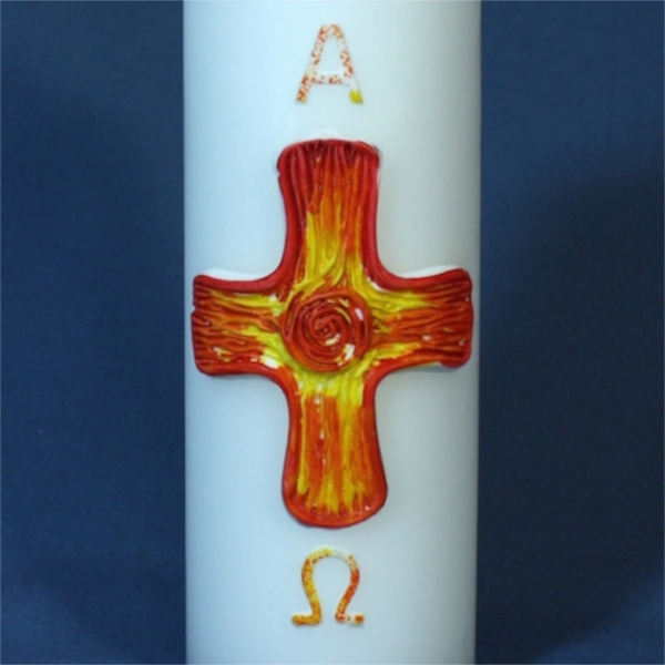 Kirchliche Osterkerze Nr.115 - Gelb/Rotes Kreuz mit Alpha und Omega
