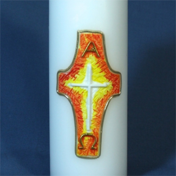 Kirchliche Osterkerze Nr.119 - Gelb/Oranges Kreuz mit Alpha und Omega