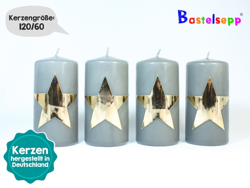 Weihnachtskerzen im 4er-Set "Graue Kerzen mit Sternen in Hochglanzgold" Motiv-Nr.130