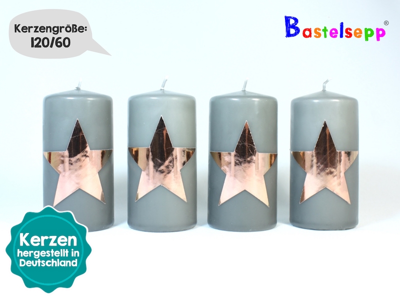 Weihnachtskerzen im 4er-Set "Graue Kerzen mit Sternen in Hochglanzkupfer" Motiv-Nr.132