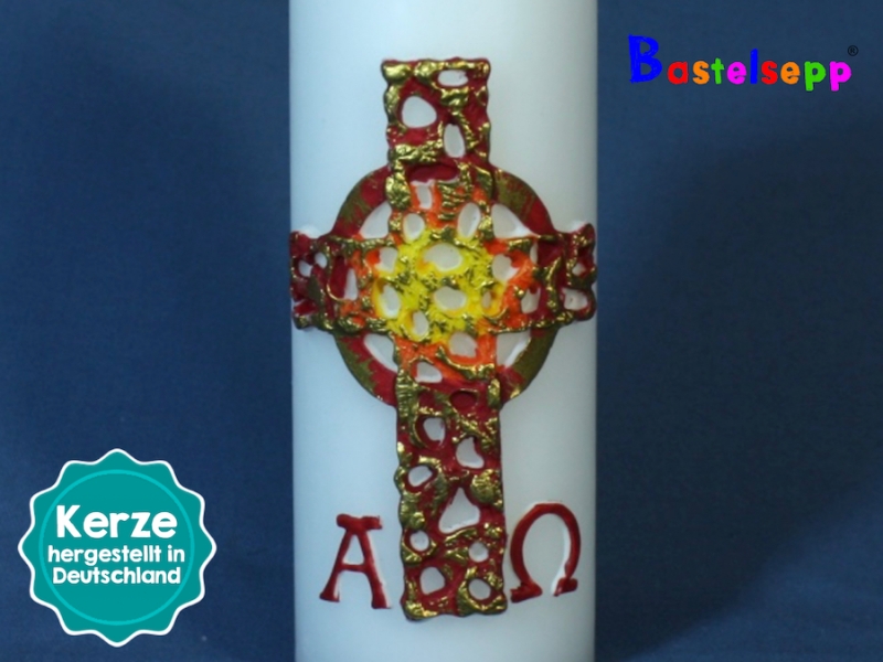 Kirchliche Osterkerze Nr.104 - Buntes Kreuz in Knitteroptik mit Alpha und Omega