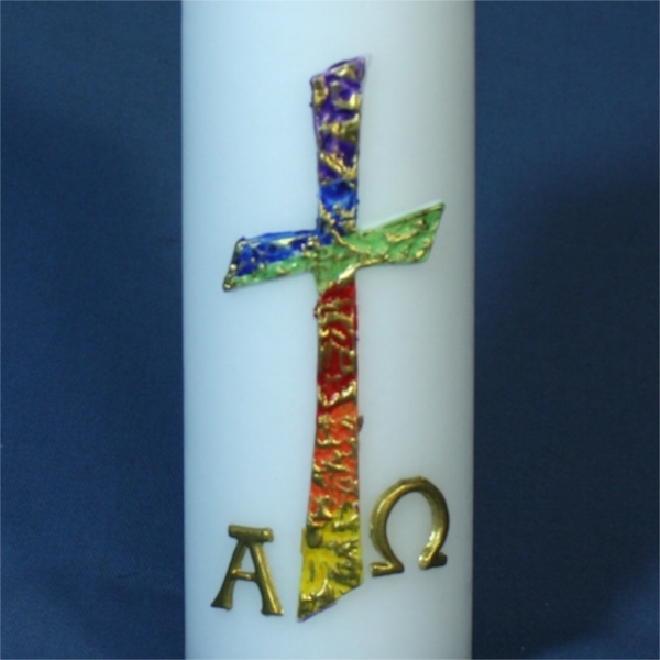 Kirchliche Osterkerze Nr.111 - Kreuz bunt/ gold bemalt und Alpha/ Omega