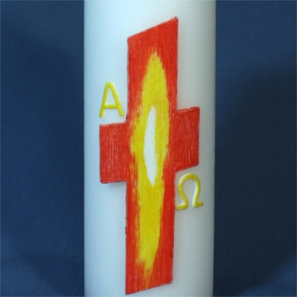 Kirchliche Osterkerze Nr.117 - Orange/ gelbes Kreuz mit Alpha und Omega