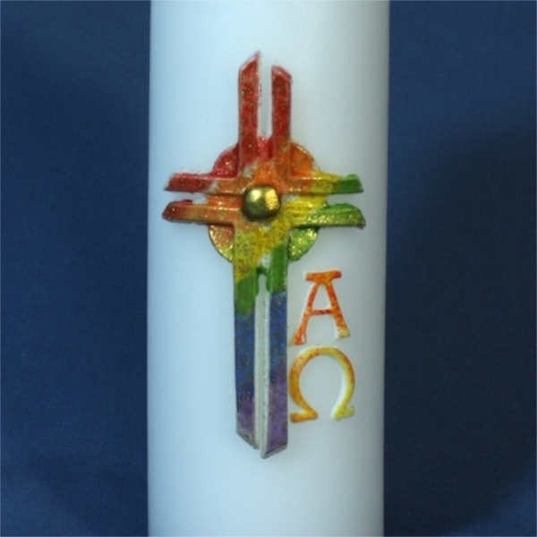 Kirchliche Osterkerze Nr.120 - Kreuz in Regenbogenfarben und gold mit Alpha und Omega